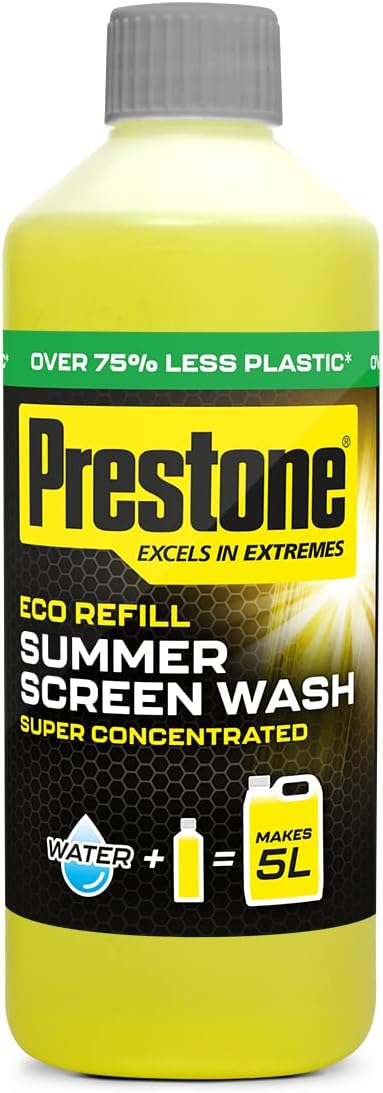 Prestone Eco Refill Summer Screenwash Concentrate, Summer Eco Screen Wash For Cars, High Performance Cleaning With Streak Free Formula, 500ml Super Concentrated Screenwash, 5L When Made Up
