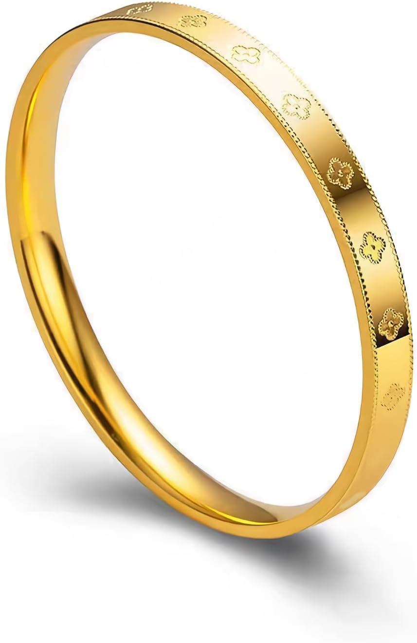 Artomnivera Titanium Steel Gold Lucky Leaf Clover Bracelet for Women - 18K Gold Plated Hypoallergenic Four Leaf Clover Bangle, Durable Gold Jewellery Gift for Her