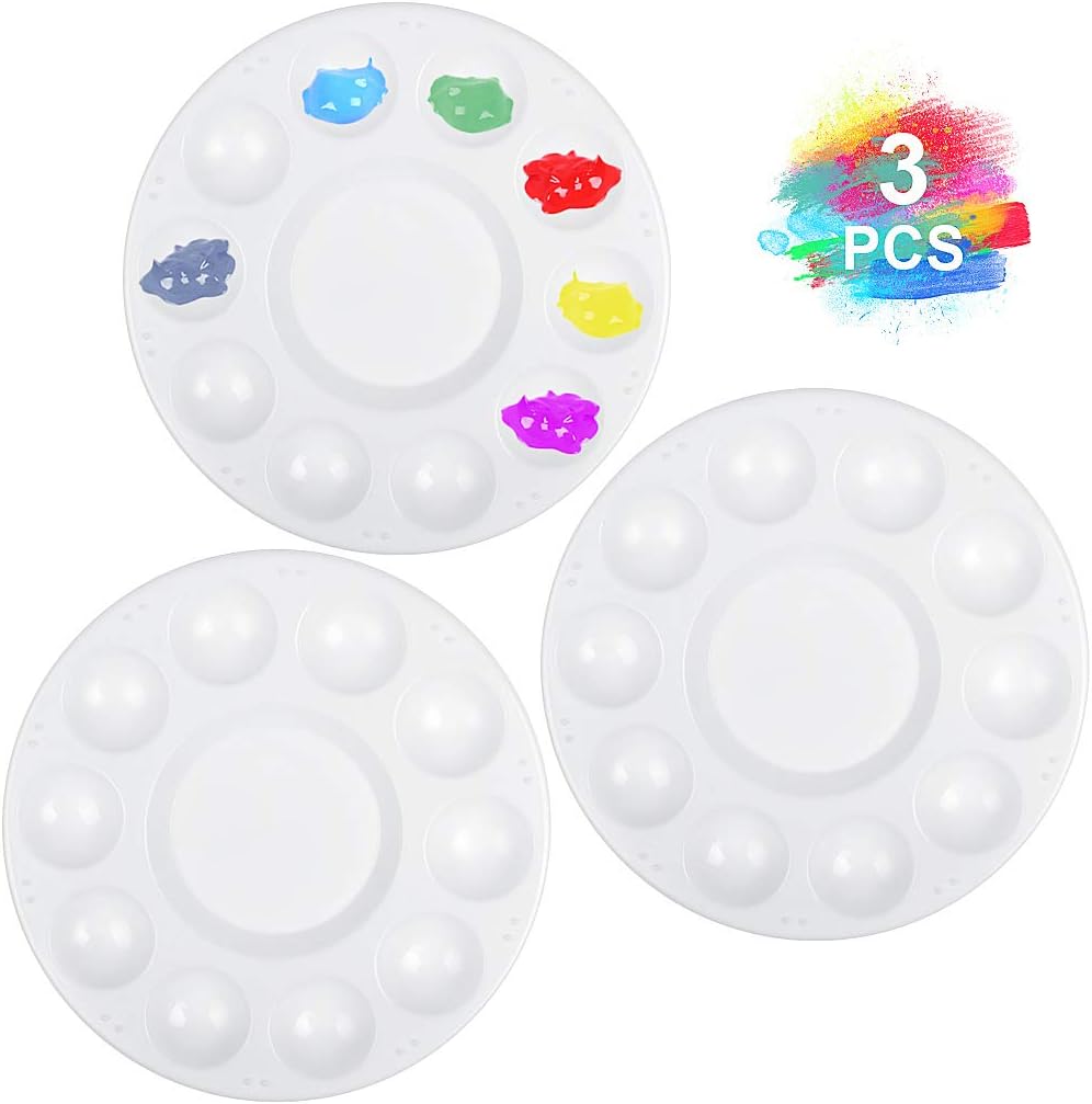 JCF 3 PCS Set Paint Tray Palette 6.7 Inch Plastic Round Palette with 10 Wells and 1 central reservoir for Watercolor Acrylic and Oil DIY Craft Professional Art Painting