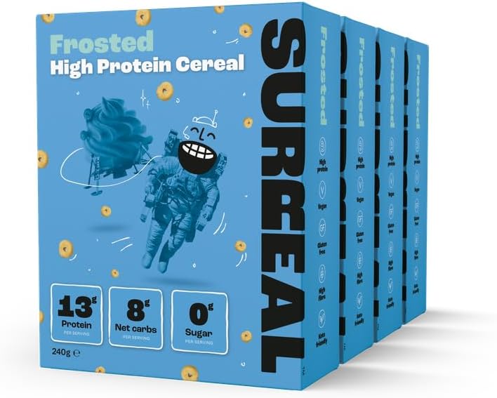 Surreal Frosted High Protein Cereal - Zero Sugar- Healthy Plant Based Cereal - High in Fibre - Low Carb - Gluten Free - Vegan - 13g of Protein, 0g of Sugar - 240g per Box - 4 Pack (4 x Frosted)