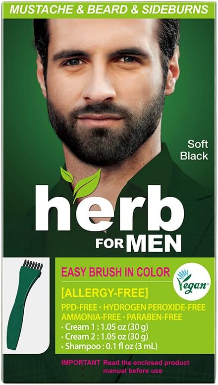 Herb For Men, PPD & Ammonia Free Mustache & Beard Dye, Vegan Natural Ingredients, Odorless, No More Skin Irritations from Coloring for Sensitive Skin – Soft Black.