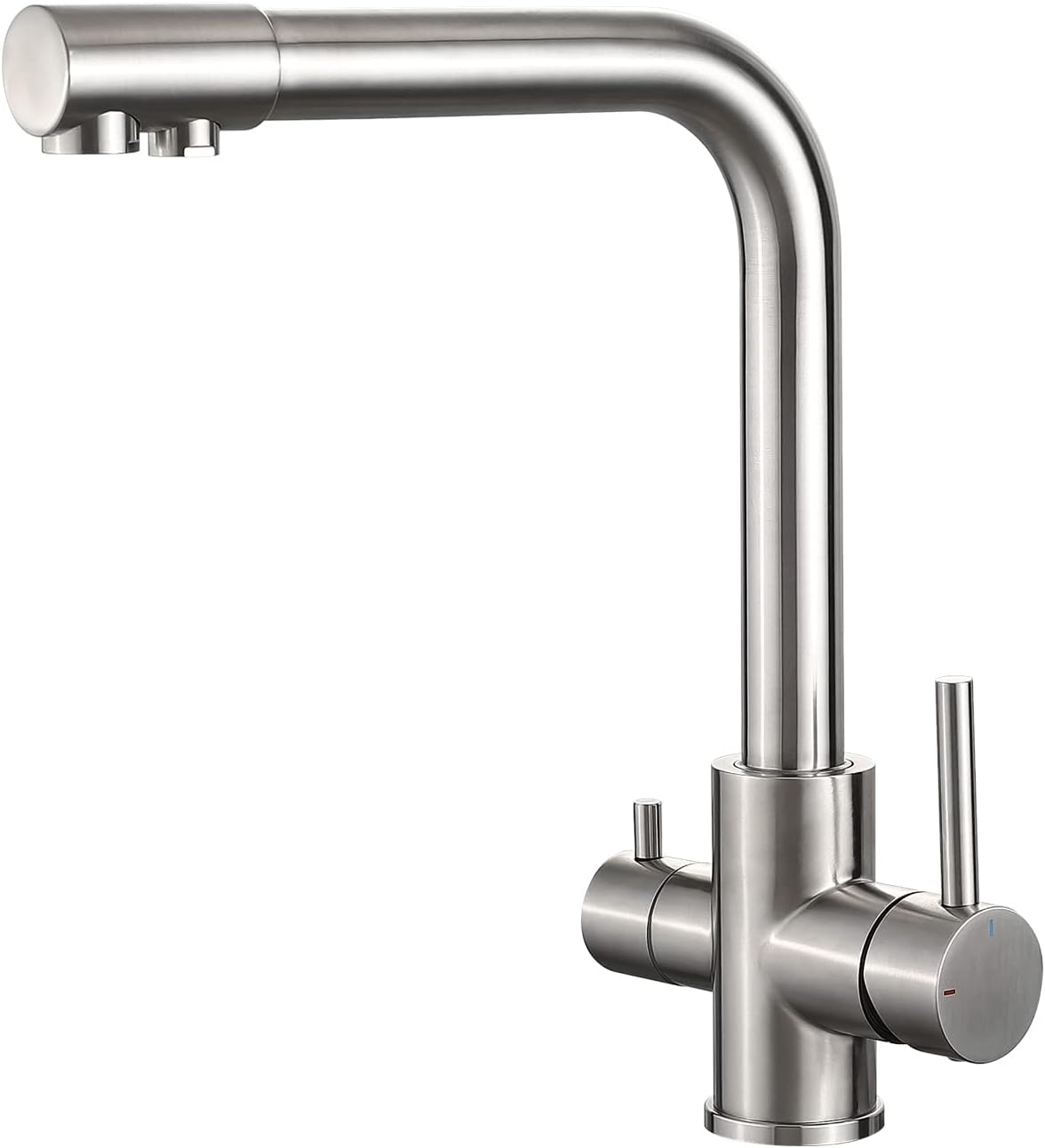 IBERGRIF M22109A 3 Way Water Filter Tap, Kitchen Drinking Taps Sink Mixer Swivel Spout with 2 Handles, Hot, Cold and Filter Tap for Kitchen, G3/8" Hose, 360° Swivel, Brushed Nickel
