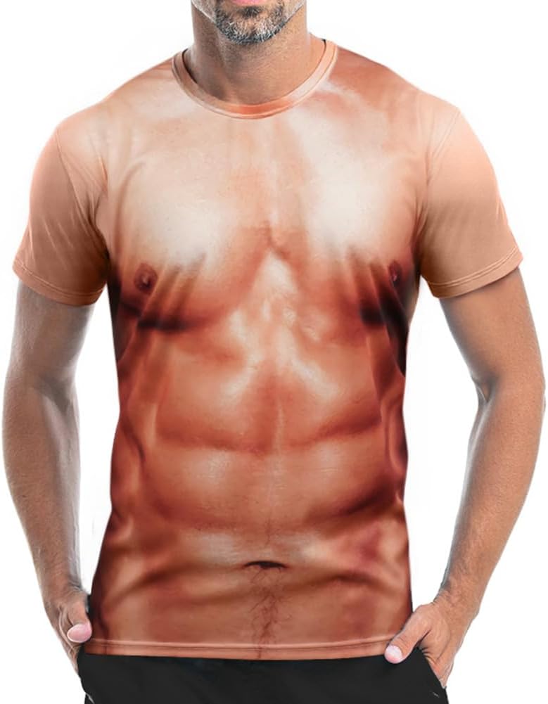Funny 3D Muscle T Shirt,Novelty Short Sleeve 3D Printed Casual Tops,Fake Muscle Cool Cosplay Streetwear,Abdominal Muscle Pattern Blouse Tops,Men Summer Crew Neck Fitness Tee