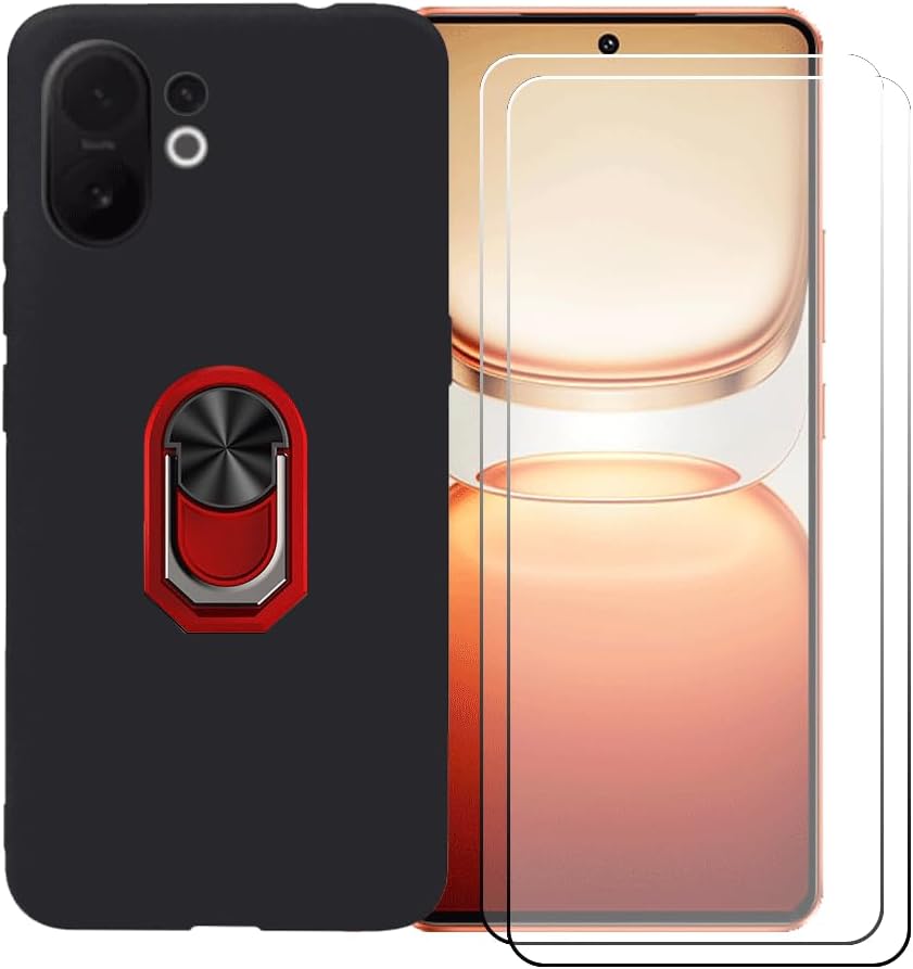 Black Cover for Vivo X200 FE 5G + [2 Pack] HD Tempered Glass, Silicone Shell TPU Protective Back Case - Scratch Screen Protector - 360° Rotating Bracket Pull Ring Red