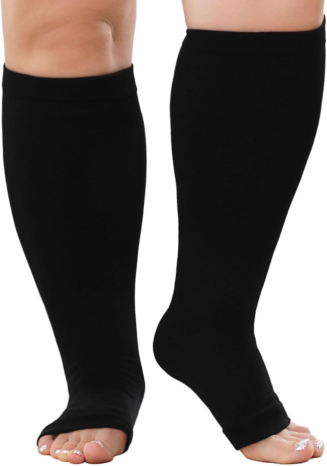 PUTUO Plus Size Compression Socks: Wide Calf Graduated Compression Stockings Men Women Open Toe Extra Large Compression Sock for Support Flight Travel Pregnancy Nurses 20-30 mmHg Black 3XL 1Pairs