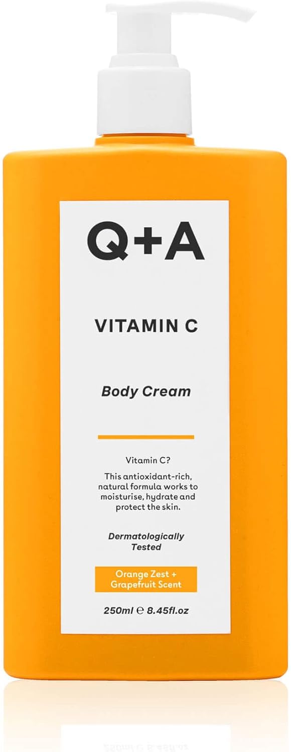 Q+A Vitamin C Body Cream (250ml), Hydrating and Brightening Body Moisturiser for Dry Skin with Shea Butter and Ginger Root Extract, Evens Skin Tone and Boosts Radiance, Natural Skincare