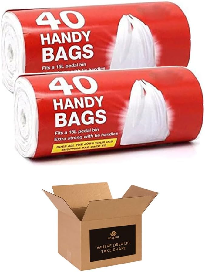 Handy Bags – Extra Strong Carrier Bags – Fits 15L Pedal Bin – Leak-Proof & Trash Sacks with Long Tie Handles – Durable Bin Liners for Kitchen, Bathroom, Office, Travel & Household (Pack of 2)
