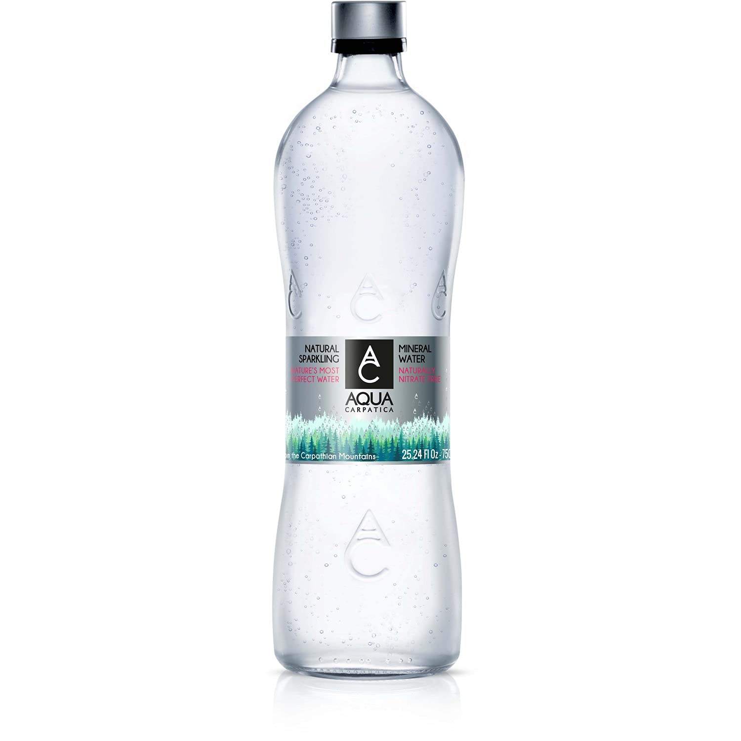 AQUA Carpatica Natural Sparkling Mineral Spring Water with Electrolytes, Naturally Carbonated in Glass Bottles, 750 ml / 25.36 oz. (12 Pack)