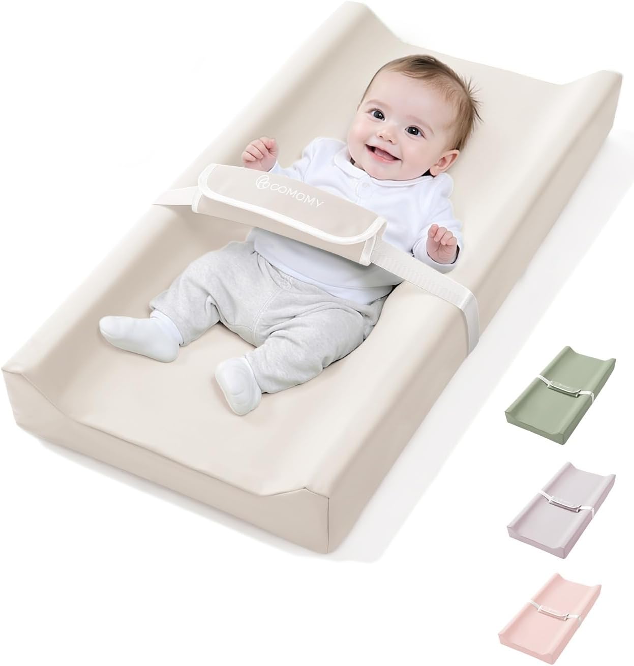 COMOMY Vegan Leather Baby Changing Mat with Waterproof and Soft PU Cover, Anti-Roll and Anti-Slip Wedge Changing Pad with Safety Straps, Portable Nappy Change Mat, for Dresser and Table, Beige