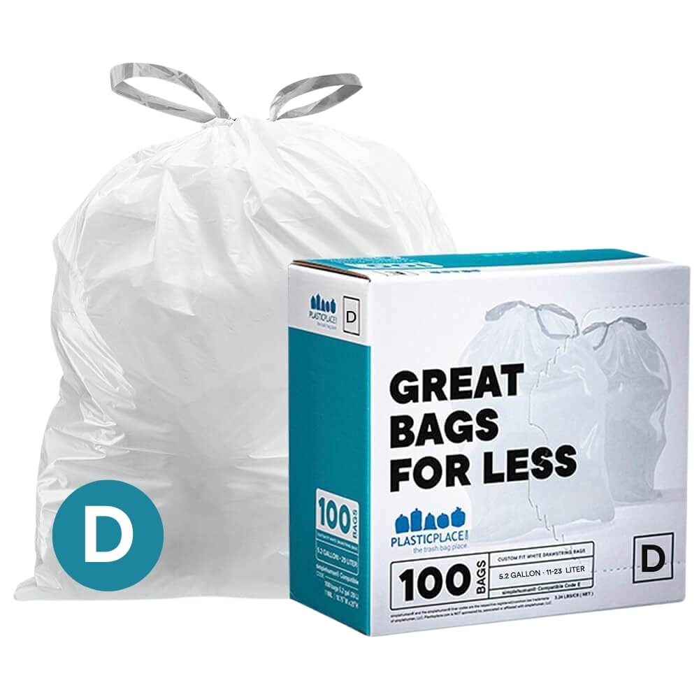 Plasticplace Custom Fit Trash Bags, Compatible with simplehuman Code D White Drawstring Garbage Liners 5.3 Gallon / 20 Liter, 15.75" x 28", 100 Count ( Pack of 1)