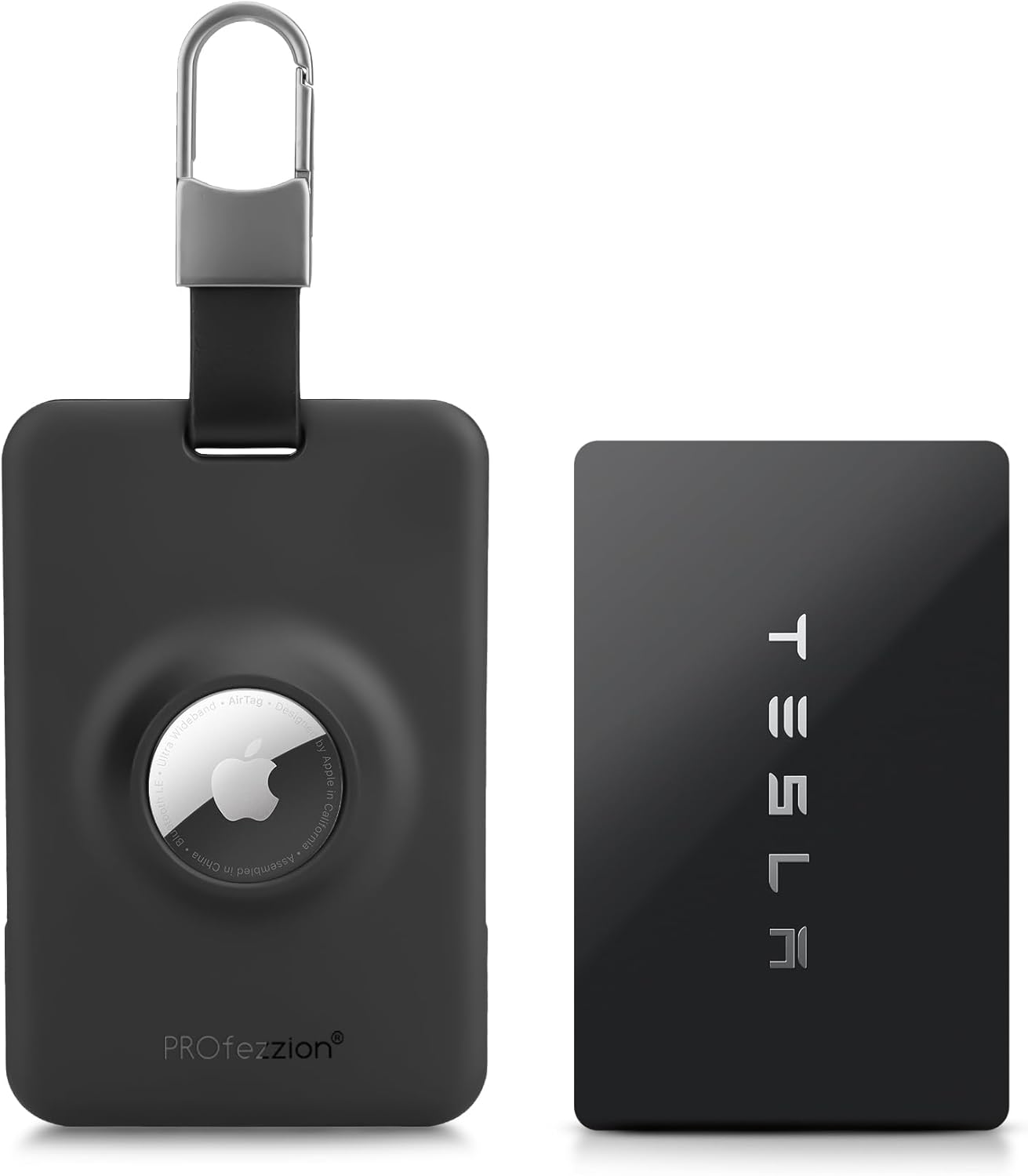 PROfezzion Secure Tesla Key Card Holder with Air Tag Slot, Durable Plastic Card Key Case for Model 3 Y S X Accessories with Anti Scratch Protective Film and Multi Keychain Rings, Silm Black (1-Pack)