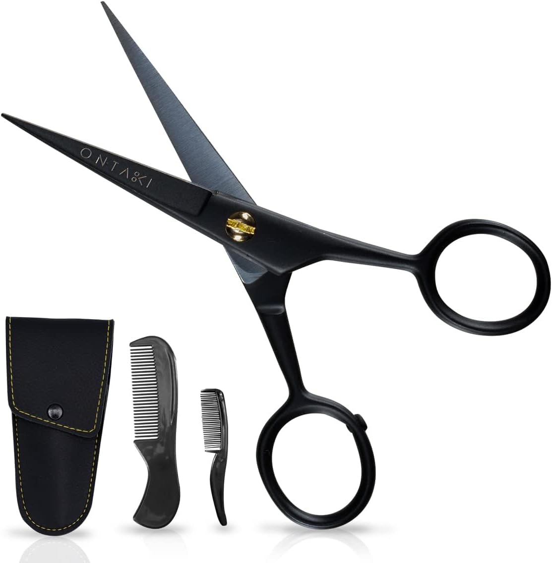 ONTAKI 5" Beard Moustache Scissors Professional German Steel 2 Comb Carrying Pouch Mustache Trimming - Hand Forged Bevel Edge Precision Men Facial Hair Grooming Kit All Body Hair Black