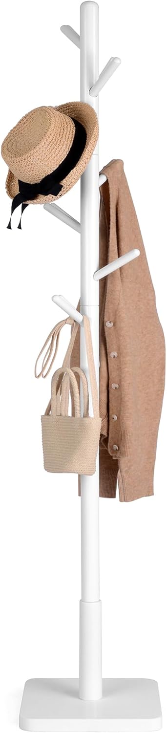 VASAGLE Coat Rack, Wooden Clothes Rack, Freestanding Stand with 8 Hooks, 3 Heights, for Coats, Hats, Bags, Entrance Porch, Hallway, in Rubber Wood, Cloud White RCR010W02