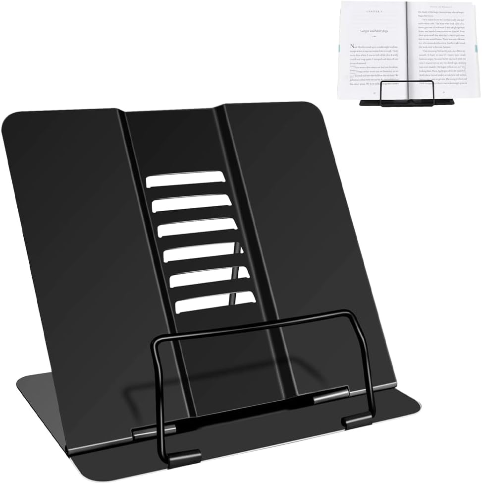 Metal Book Stand, Holder - Portable Sturdy Multifunctional Reading Rest for Recipes, Textbooks, Tablet & Music Books - 20 x 19 cm Black