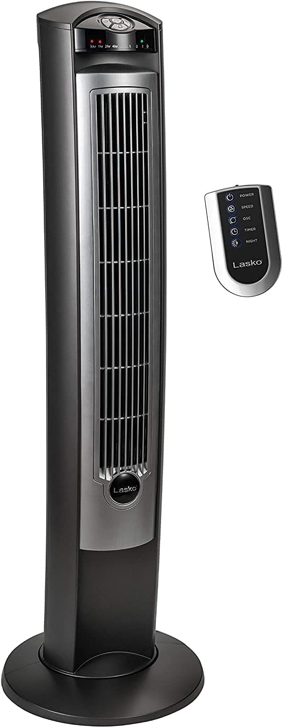 Lasko Oscillating Tower Fan with Remote, Quiet Floor Fans for Bedroom, 42", Silver T42951