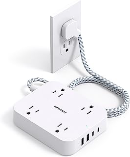 Flat Plug Extension Cord, 5ft Power Strip with 4 USB Ports(2 USB C), 4 Widely Outlets Extender, Wall Mount, Desk Charging Station for Office, School, Travel and Dorm Room Essentials, ETL Listed
