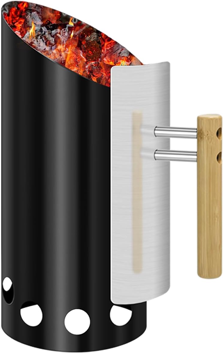 Charcoal Chimney Starter Double Enameled Chimney Starter Charcoal Chimney with Heat Shield & Wood Handle Great Heat Insulation Coal Starter for Grill Easy Grip Charcoal Starter, Black