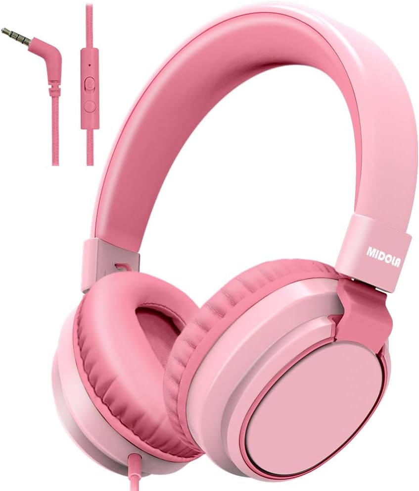 MIDOLA Headphone Kids Volume Limited 85/110dB Wired Over-Ear/On-Earr Foldable Headset with Inline Cable AUX 3.5mm Cord Mic for Boy Girl Child PC Notebook Tablet Pink