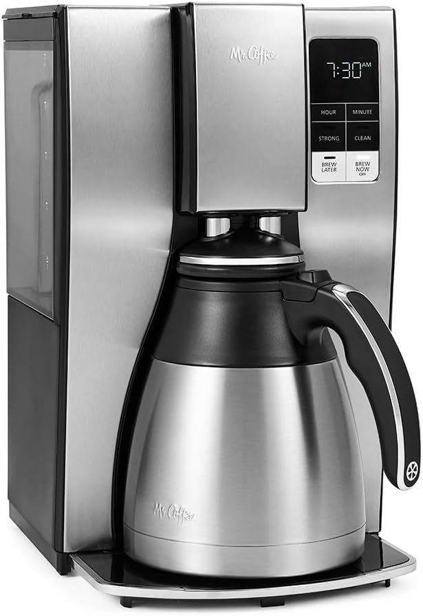 Mr. Coffee 10-Cup Programmable Coffee Maker, Insulated Thermal Carafe, Brew Strength Selection, Brew Now or Later, Stainless Steel