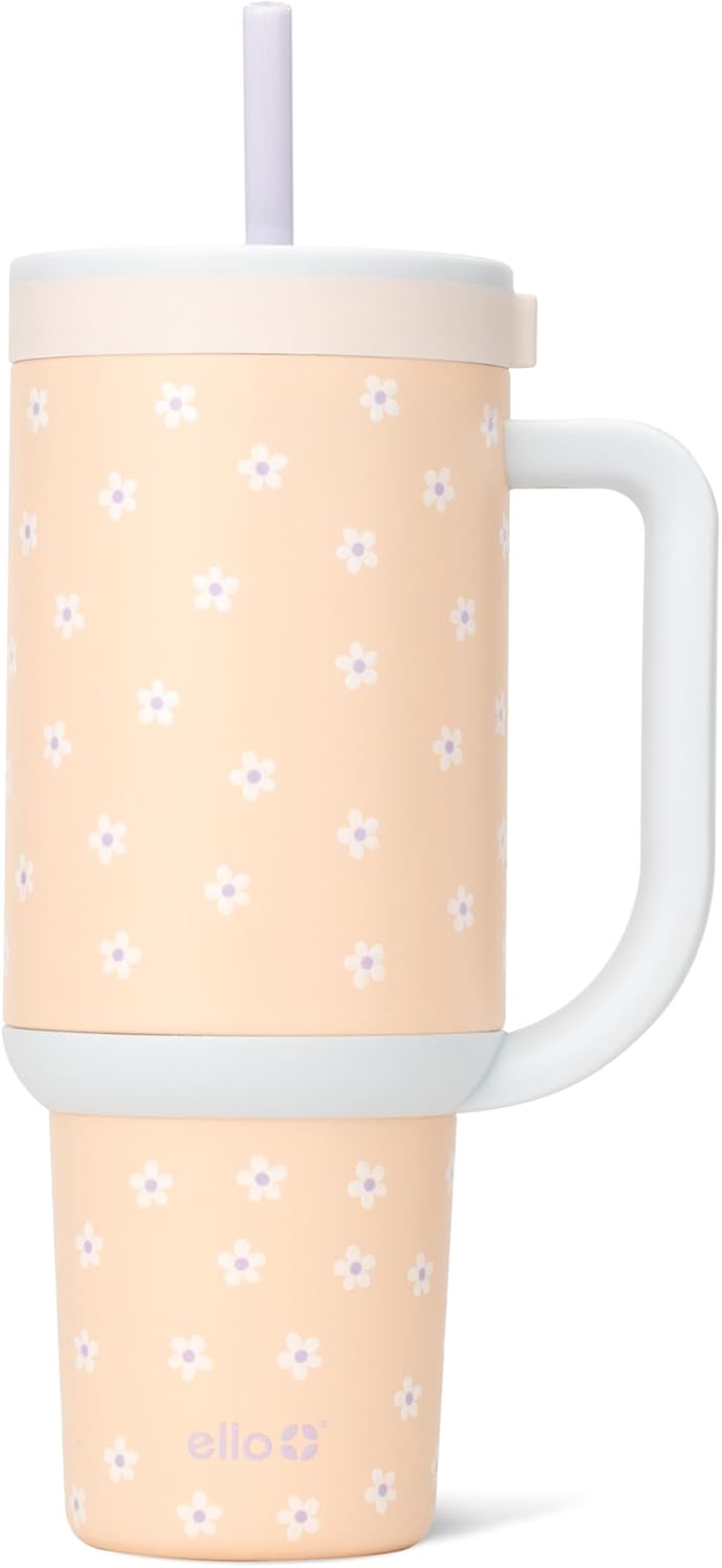 Ello Oasis 30 oz Tumbler with Handle & Retracting Straw | Reusable Insulated Stainless Steel Cup 100% Leakproof, Gifts for Teens Women Men | Keeps cold for 24 Hours, Cup Holder Friendly, Daisies