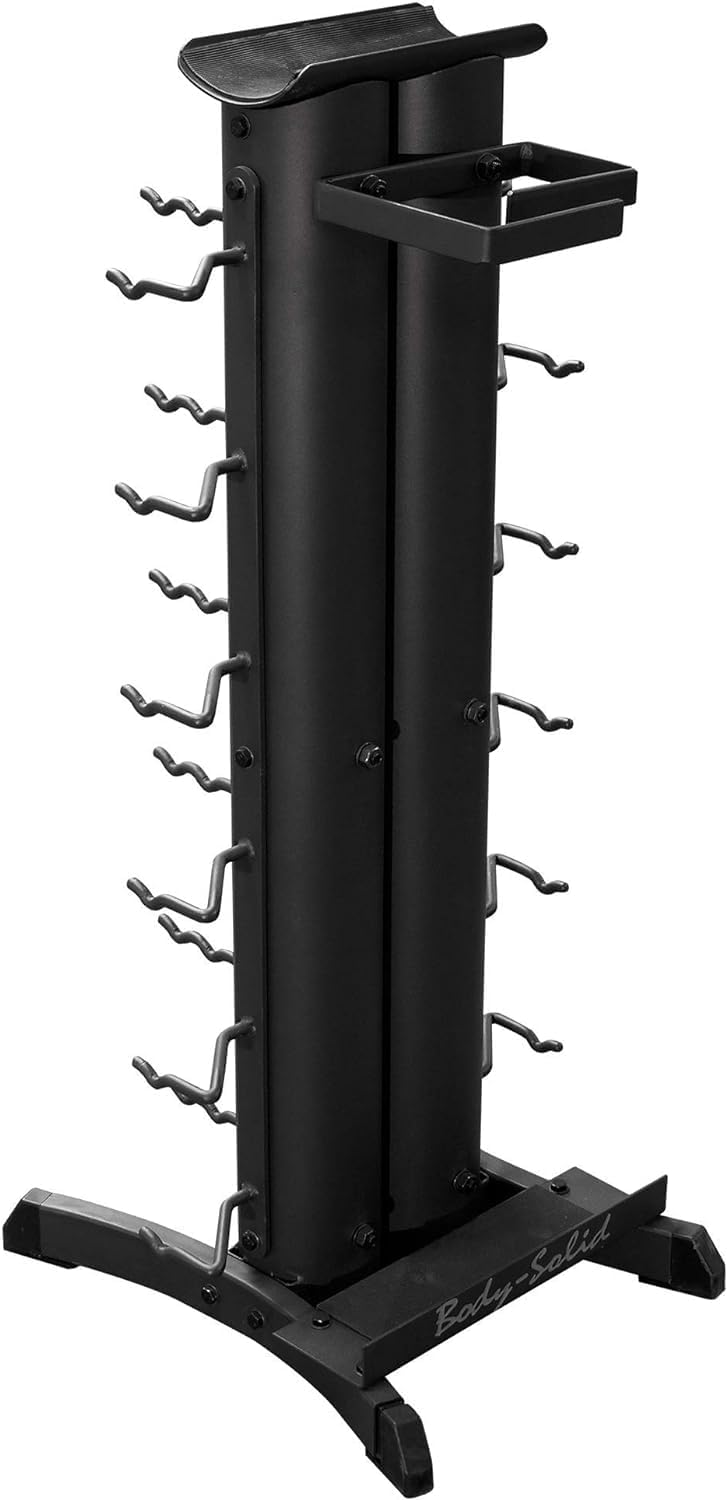 Body-Solid Vertical Gym Organizer Package with Lat and Curl Bar, Revolving Bars, Tricep Pressdown and Handles, Compact Storage Rack for 20 Handles & Straps, Home Accessories Organization