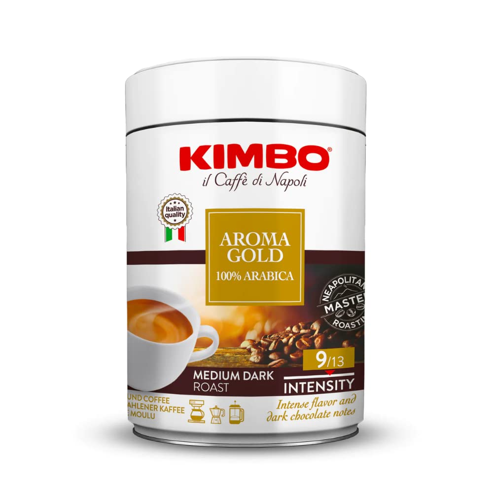 Kimbo 100% Arabica Ground Coffee Silver Tin, Aroma Gold, Medium Dark Roast, 9/13 Intensity, 8.8 oz (250g)