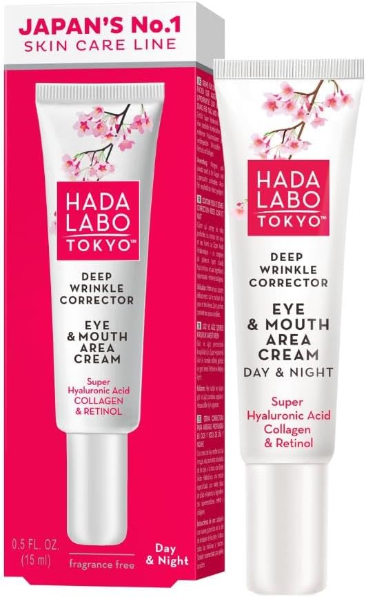 Hada Labo Tokyo - Anti-Ageing Deep Wrinkle Corrector Eye & Mouth Area Cream, with Super Hyaluronic Acid, Collagen and Retinol, Day & Night, for Age 40+, 15 ml (Pack of 1)