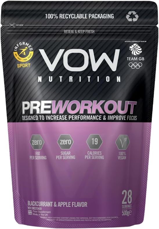 Vow Pre Workout Advanced Complex with Creatine, Beta Alanine, Caffeine, Improve Energy & Focus (Blackcurrant & Apple)