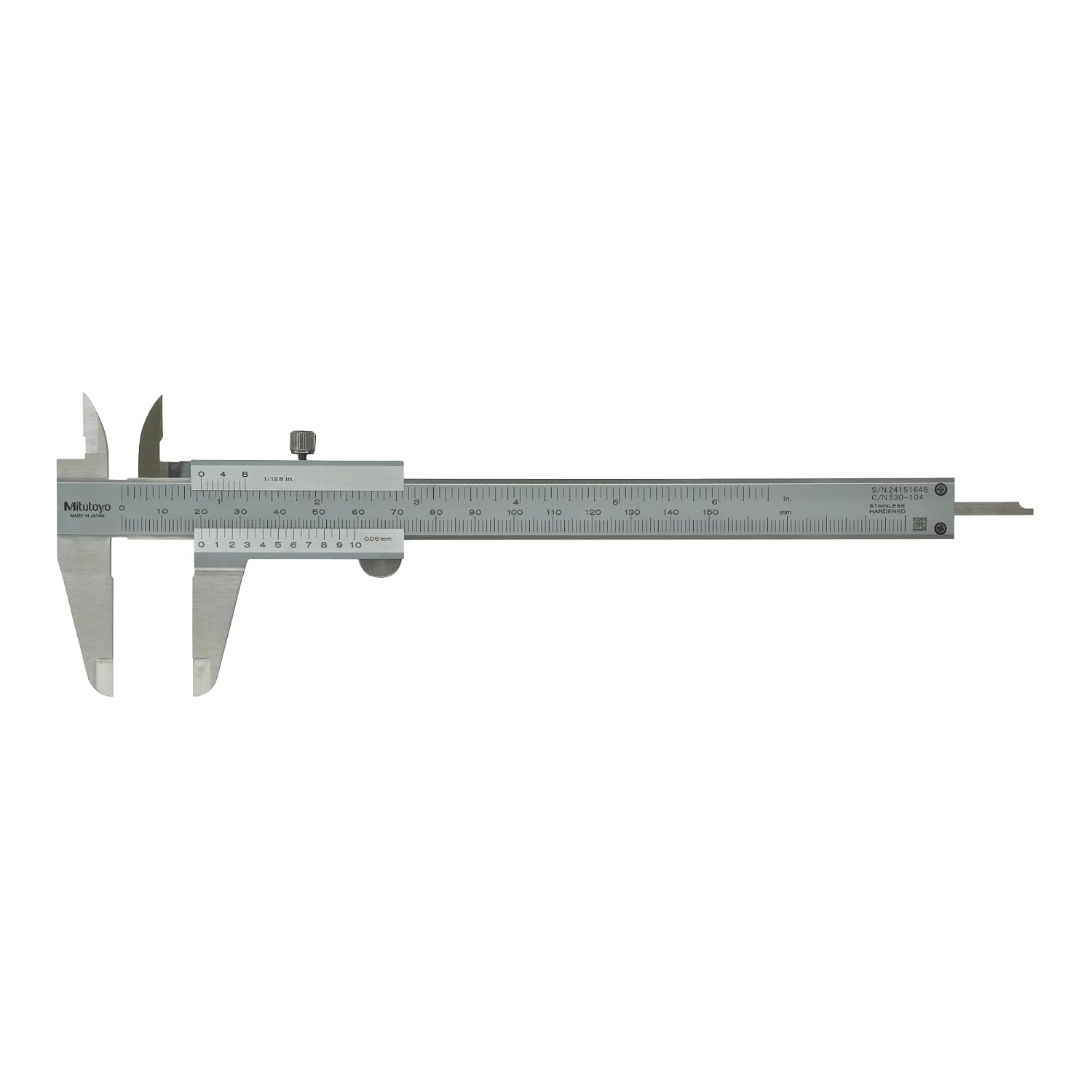 Mitutoyo 530-104 Vernier Caliper, 0.05mm-1/128" Graduation, 0-150mm/0-6" Range, +/- 0.05mm Accuracy