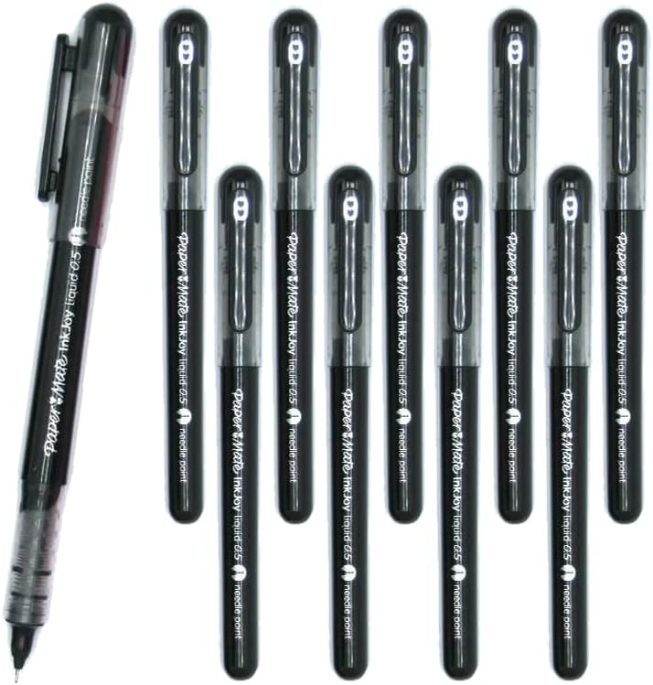 10 x Paper Mate Inkjoy Rollerball Pen | Liquid Ink that is Quick-Drying with Less Smudge | 0.5mm Needle Point Fine Nib for Precise Writing | Black Colour Ink | Loose in Plain Packaging