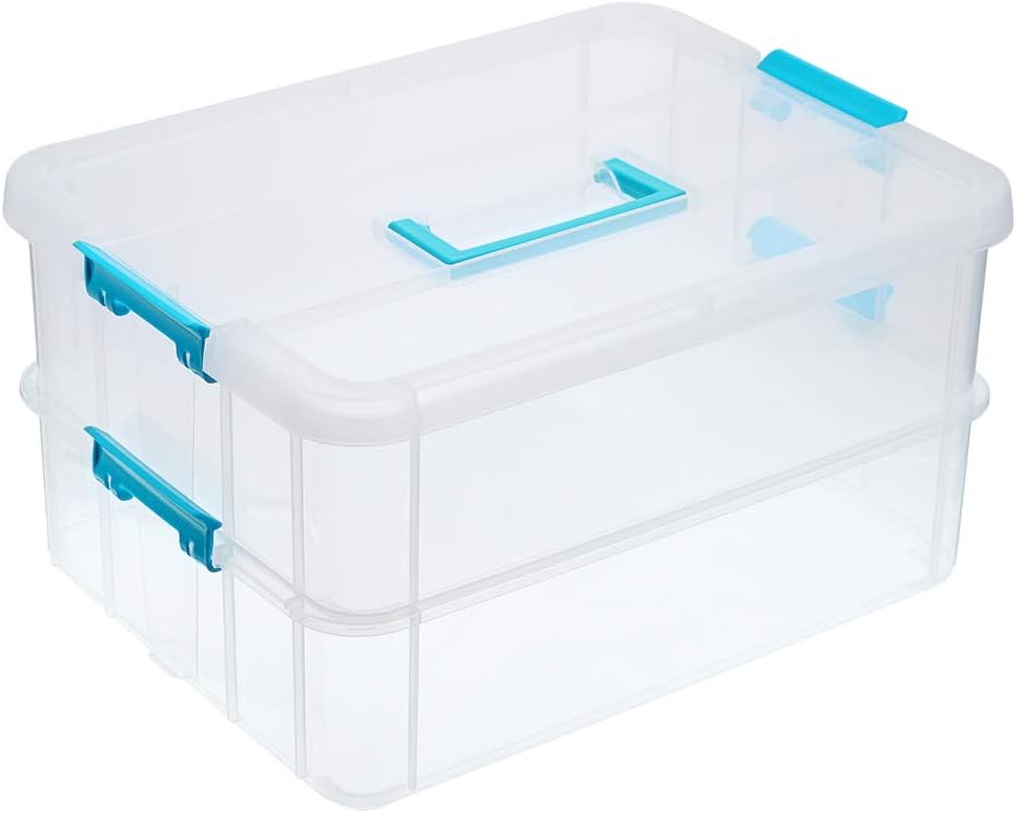 BTSKY 2 Layer Stack & Carry Box, Plastic Multipurpose Portable Storage Container Box Handled Organizer Storage Box for Organizing Stationery, Sewing, Art Craft, Jewelry and Beauty Supplies Blue