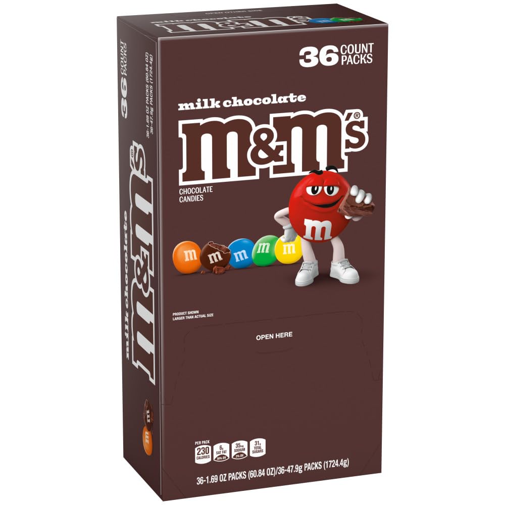 M&M'S Milk Chocolate Candy, Full Size 1.69 oz Bag, Pack of 36 Bulk Candy Chocolate
