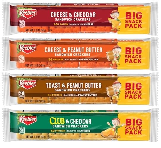 Keebler Sandwhich Crackers Variety, Cracker Snacks, Cheese & Cheddar, Cheese & Peanut Butter, Toast & Peanut Butter, and Club & Cheddar, 1.8 Ounce (Pack of 12) with Make Your Day Bag Clip