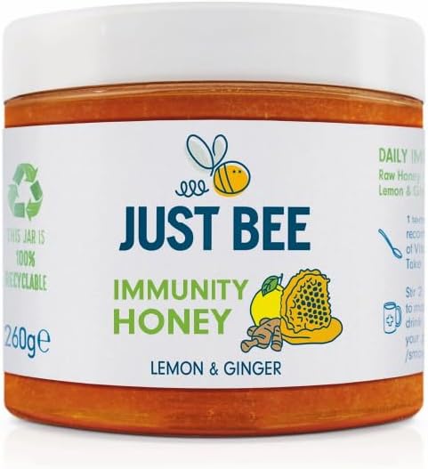 Just Bee Lemon & Ginger Immunity Honey (260g) | Pure natural honey with Vitamin D, C, B6, B12 and Echinacea | Raw and Unpasteurised | Vitamin Rich | For Daily Immune Support