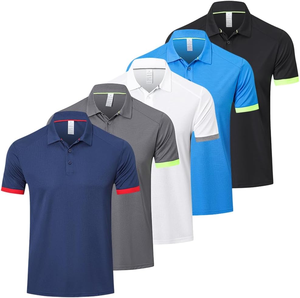 Gaiatiger 5 Pack Mens Polo Shirts Multipack Short Sleeve Breathable Golf Polo Collar Buttoned Mens Tops Gym Sport T Shirts