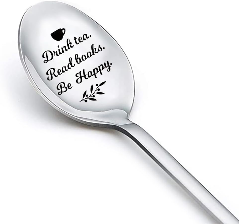 Drink Tea Read Books Spoon for Tea Lover Friend Birthday Graduation Christmas Gifts for Readers Book Lover Gifts for Women Men Engraved Tea Spoons Stainless Steel