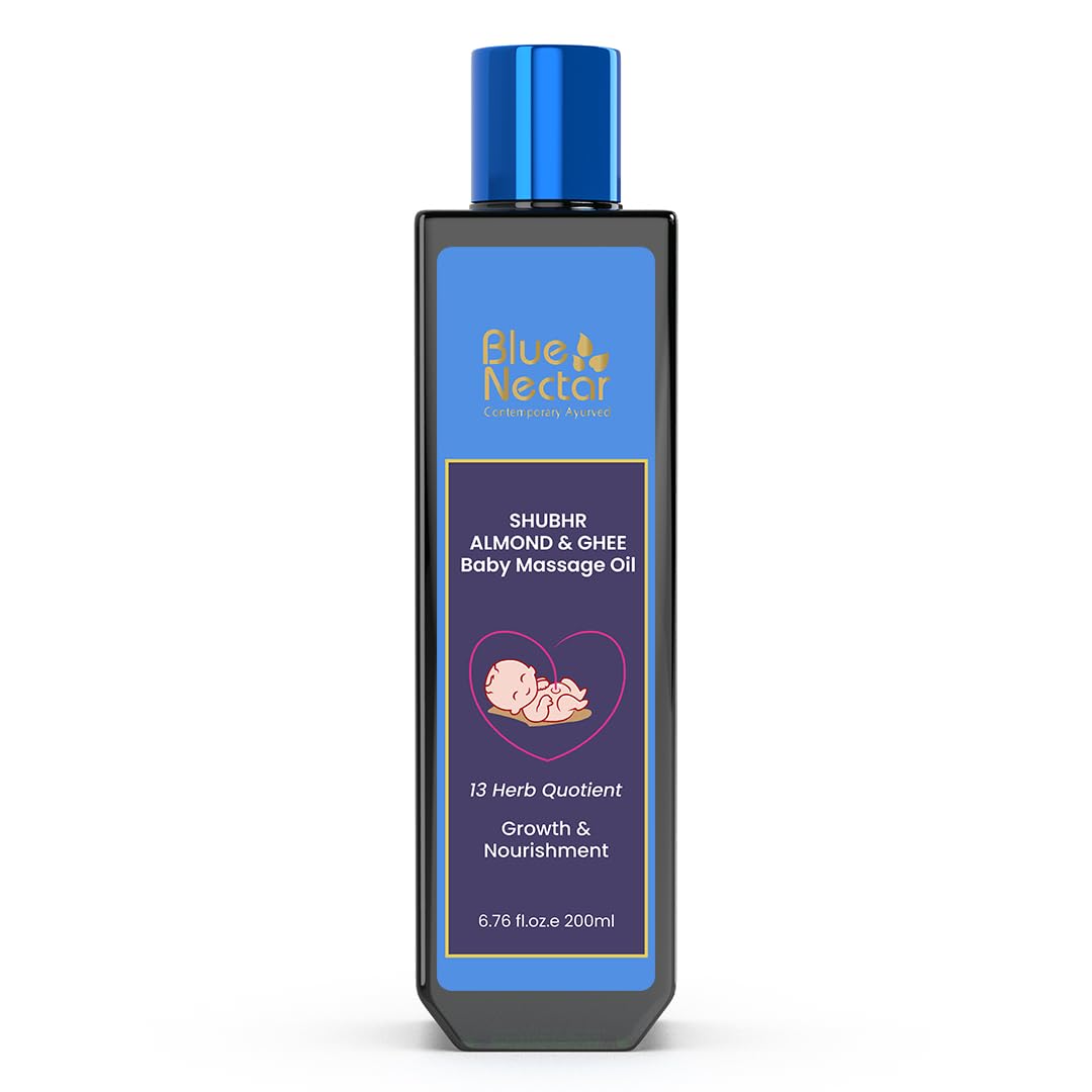 Blue Nectar Ayurveda Gentle Baby Oil for Newborn Skin Care -Moisturizing Baby Massage Oil for Dry Skin Moisturizer |Soothing with 100% Natural Coconut Oil & Organic Ghee (13 Herbs, 6.76 Fl Oz)