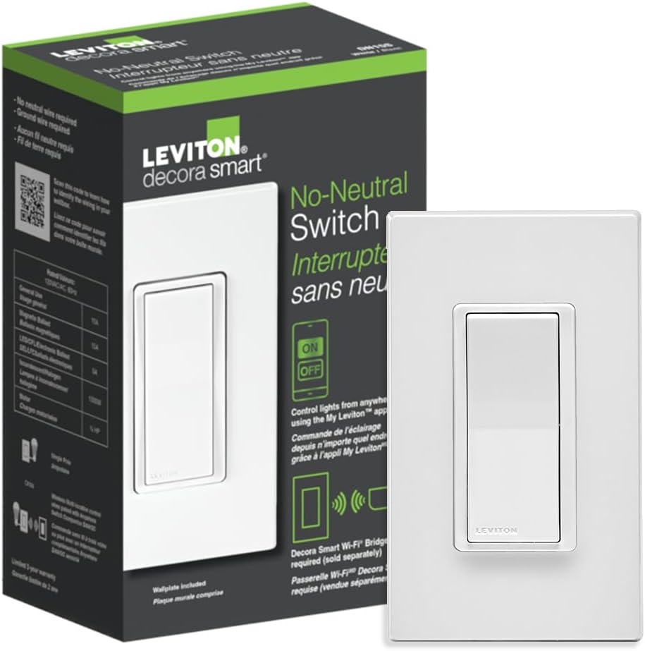 Leviton No-Neutral Decora Smart Switch, Requires MLWSB Wi-Fi Bridge to Work with My Leviton, Alexa, Google Assistant, Apple Home/Siri & Wire-Free 3-Way DN15S-1RW, White