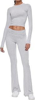 AnotherChill Women's 2 Piece Lounge Sets Fold-over Flare Pants Set Long Sleeve Cropped Top Casual Outfits Pajamas