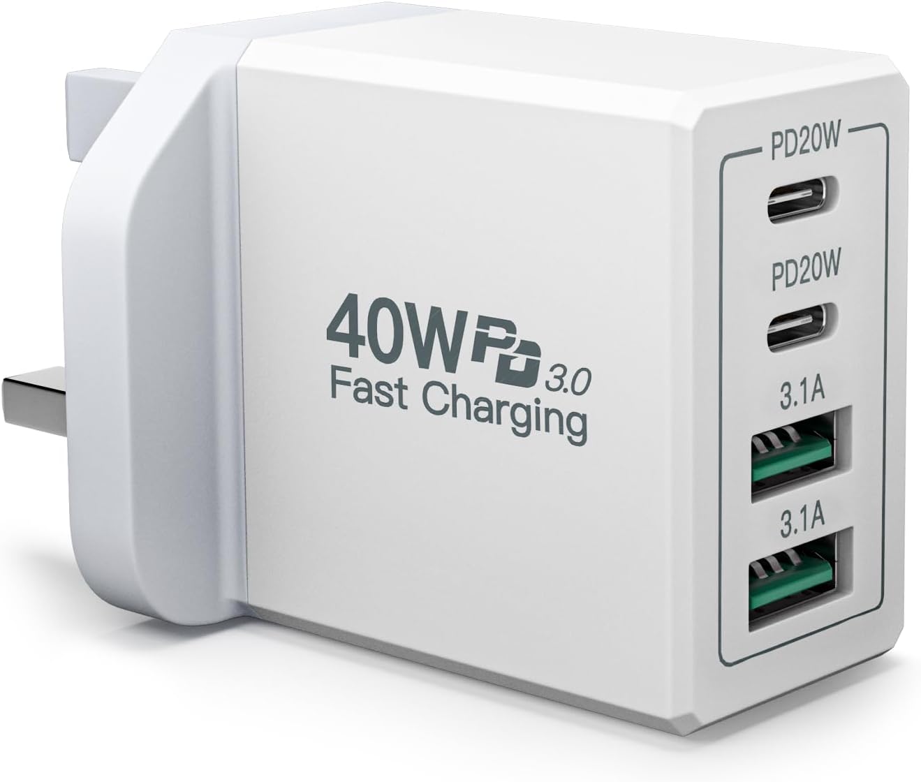 USB C Plug, 40W 4-Port Fast USB C Charger PD Power Adapter + QC USB A Wall Charger Multiport Mains Charger Plug UK Type C Fast Charging Plug for iPhone 15 14 13 12 11 Pro Max SE XS XR 8, iPad, Samsung