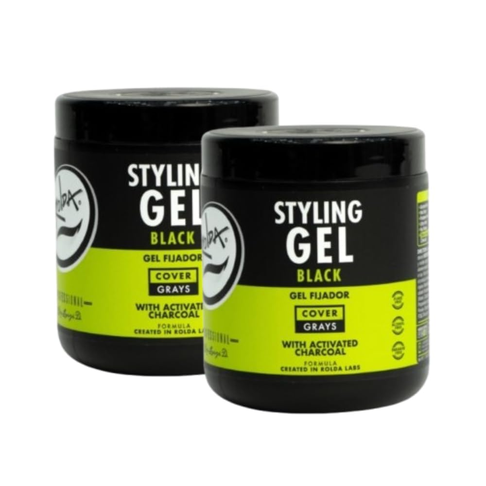 Rolda Black Styling Hair Gel - Medium To Strong Hold With Medium Shine For a Wet Slicked Back Look With All Day Hold - Activated Black Charcoal Covers Grey Hair Instantly 17.6oz (2PK)