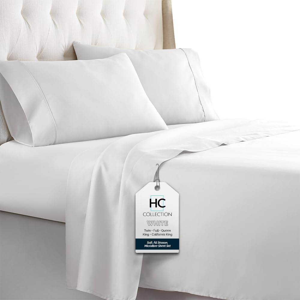 HC COLLECTION Bed Sheets Set King with 2 Pillowcases Hotel Luxury Brushed Microfiber Sheet w/Deep Pocket, Fade Resistant Ultra Soft Breathable Lightweight 4 Pcs Bedding Solid Color, White