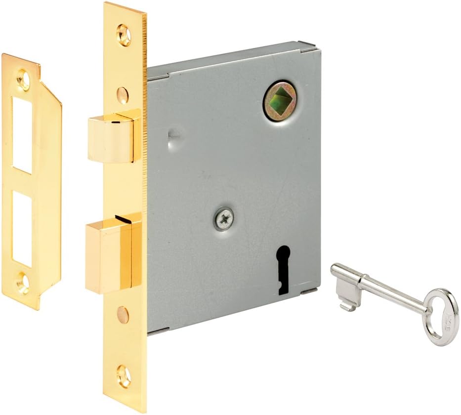 Prime-Line E 2294 Vintage Style Indoor Mortise Lock Assembly Kit – Cast Steel, Brass Plated Finish, Antique Skeleton Key – Backset, 1/4” Max Square Spindle - Reversible Latch Bolt (Single Pack)