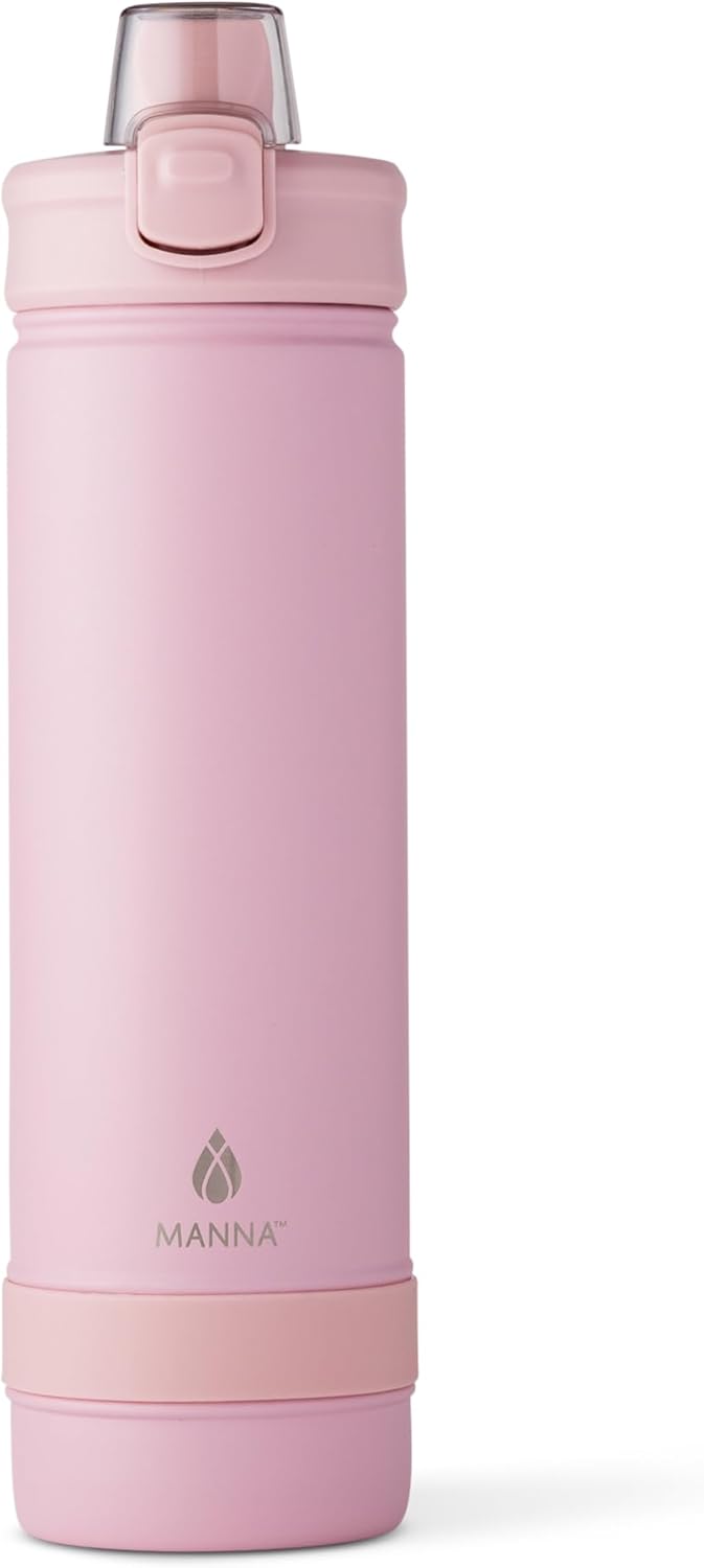 Manna Push Stainless Steel Bottle with Push-open Locking Lid and Sipping Spout - 26 Oz - Rose Powder Coat