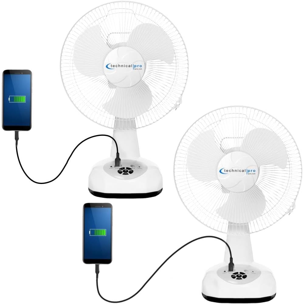 Technical Pro Set of 2 Portable 12" Rechargeable Oscillating Tabletop Fan with 9 Speeds Controls, LED Night light and Powerbank