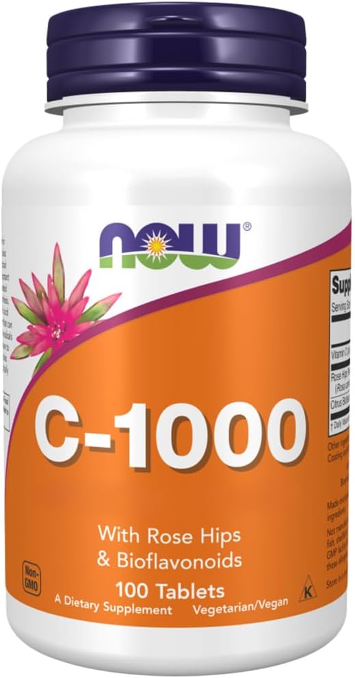 Now Foods, C-1000, Vitamin C, 1000mg, L-Ascorbic Acid, with Rosehip, 100 Vegan Tablets, Lab-Tested, Gluten Free, Vegetarian, Soy Free, Non GMO