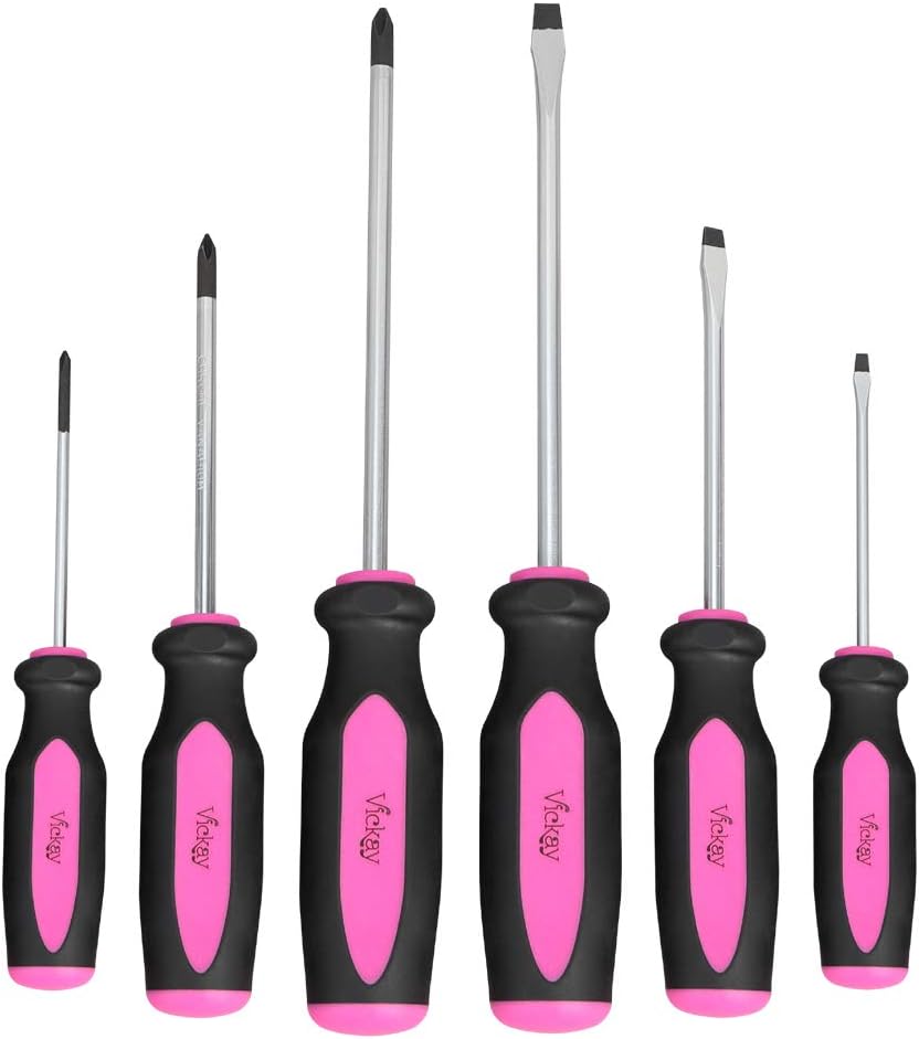 Magnetic Screwdrivers Set, 6 Pieces Slotted & Phillips Screwdriver with Permanent Magnetic Tips, Ergonomic Comfortable Handle,Rust Resistant Heavy Duty DIY Hand Tool Kit for Craftsman Repairing, Pink