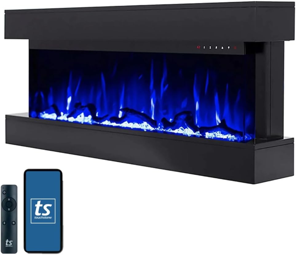 Touchstone Chesmont Smart Electric Fireplace- Wall Hanging Fireplace with 50" Wide Black Floating Mantle- Alexa/WiFi Enabled-10 Color-1,500W Heater- Crystals & Driftwood-Model 80034
