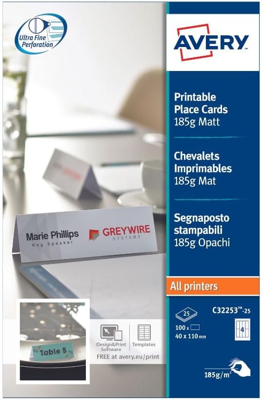 Avery Printable Place Cards, Tent Cards – 110 x 40 mm, Double-Sided, Micro-Perforated, White, 185gsm, Compatible with All Printers, 4 per Sheet, 100 per Pack, Ideal for Events & Weddings (C32253-25)