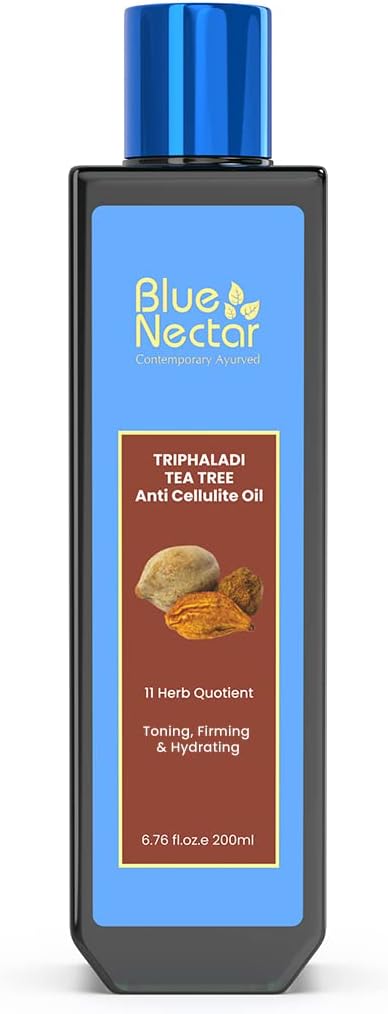 Blue Nectar Anti Cellulite Massage Oil with Tea Tree Essential Oil & Triphala for Skin and Body - Natural and Ayurvedic Oil for Thighs, Butt and Belly (11 Herbs, 6.76 fl oz)